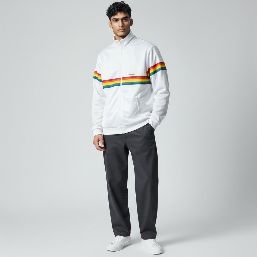 Vintage Polaroid Classic Mens Factory Jacket Rainbow Stripe Full Zip Size Medium